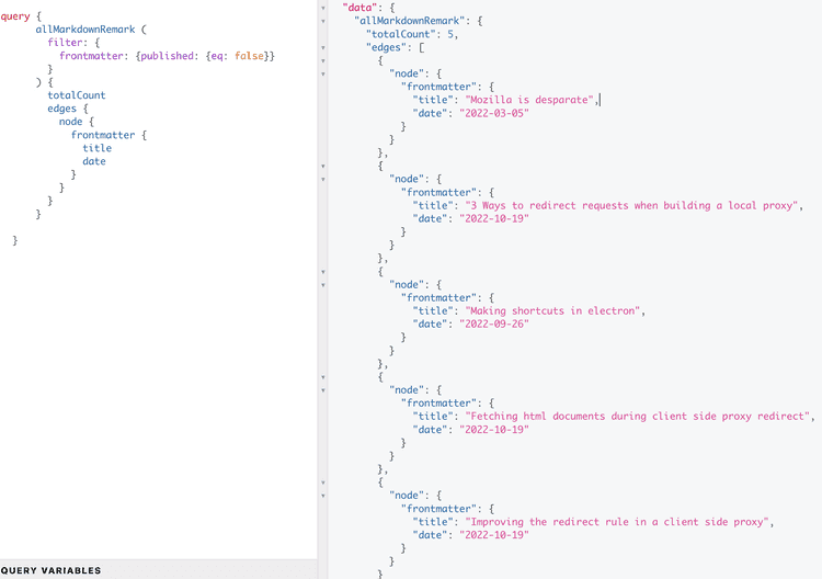 Unpublished articles on this blog. There is probably a better graphql query to see these, but I am a noob here😅